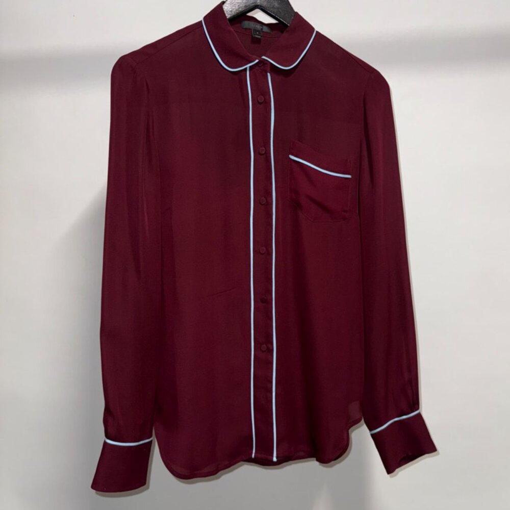 J. Crew Burgundy Sheer Blouse with Light Blue Piping Pajama Top Style